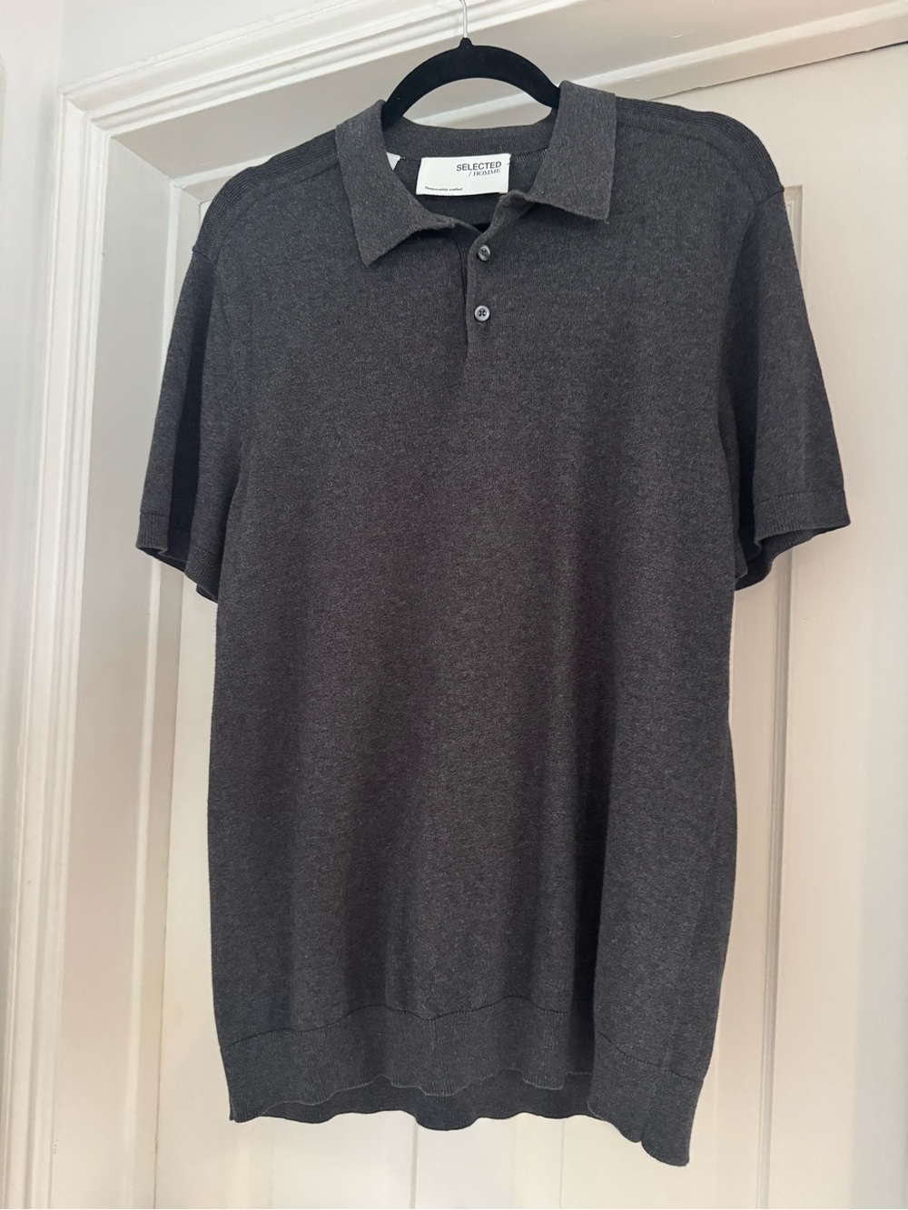 Selected Homme - Men’s Charcoal Grey Cotton Knit Polo Shirt - Size Medium